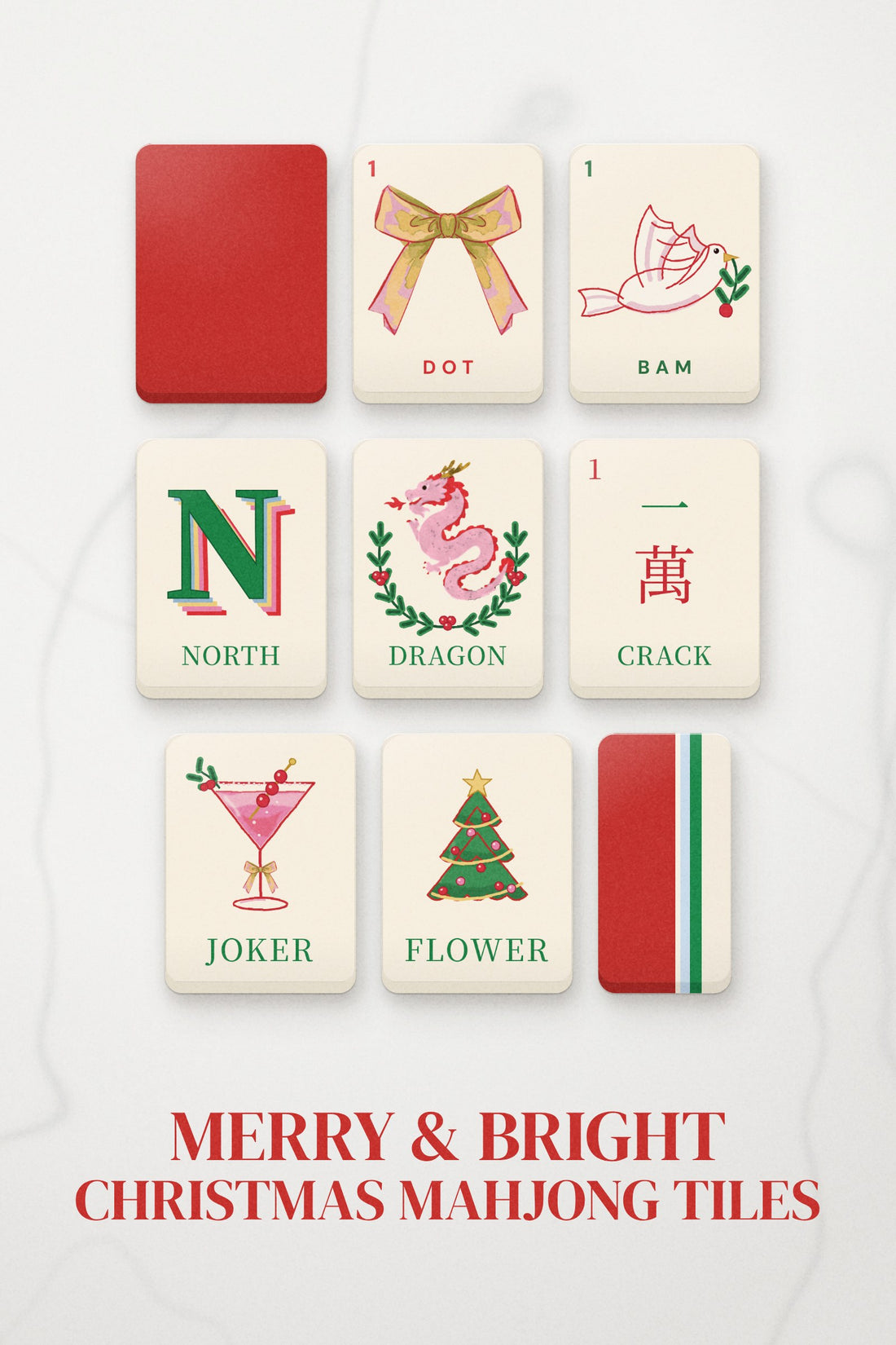 Merry & Bright Christmas mahjong tiles by Girl Tribe Co. on marble
