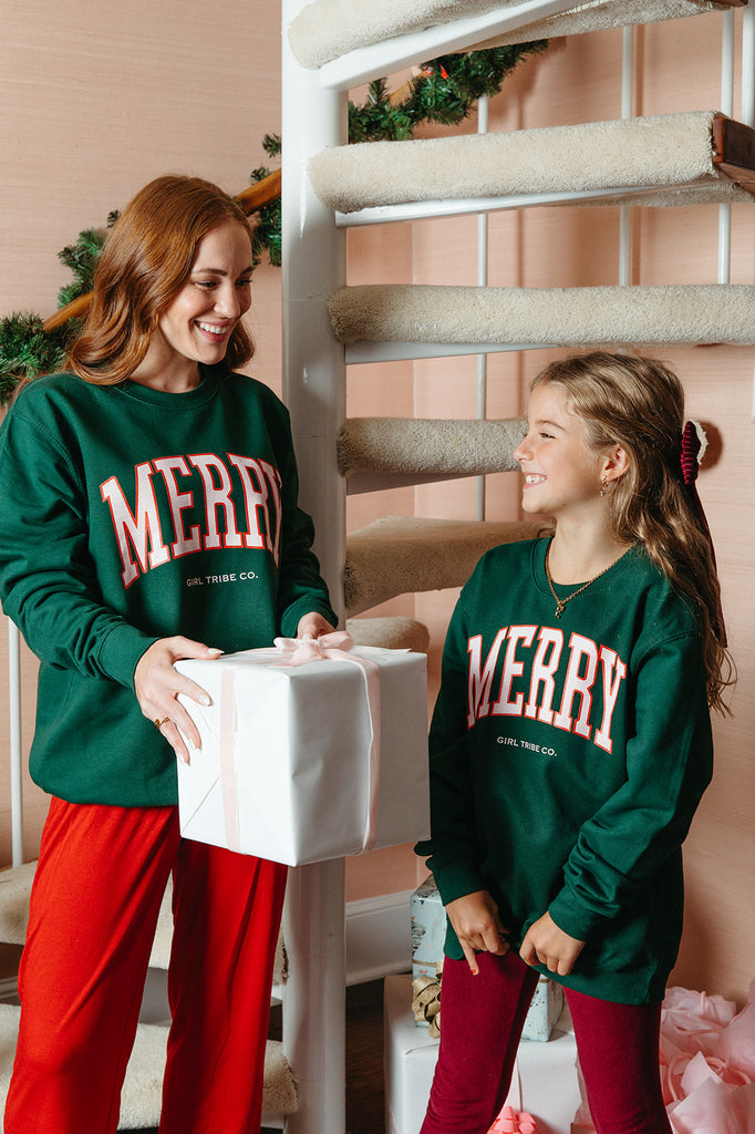 Merry Sweatshirt In Bottle Green - Girl Tribe Co. Holiday Collection