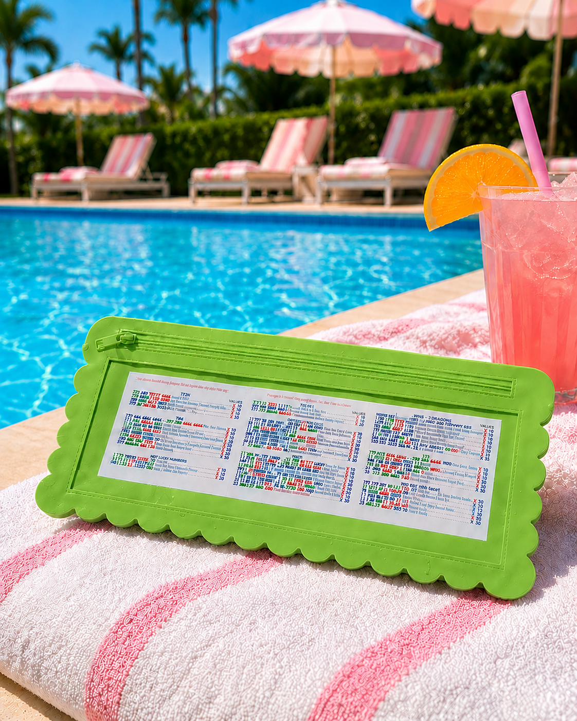 Splash-Proof Mahjong Card Holder for Pool Mahjong - Green Scallops STANDARD SIZE
