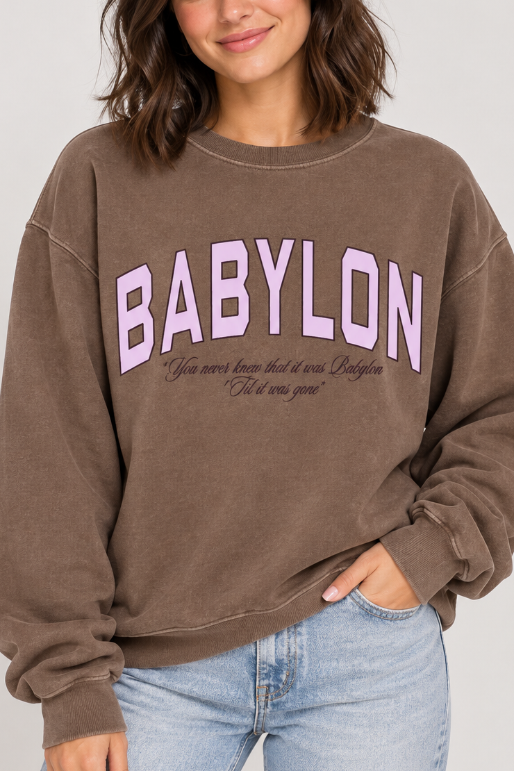 Model wearing the Babylon Sweatshirt in Espresso