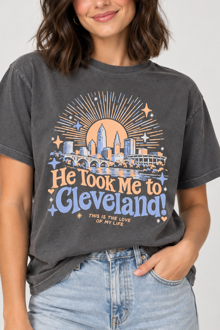 Model wearing the He Took Me to Cleveland Tee in Pepper