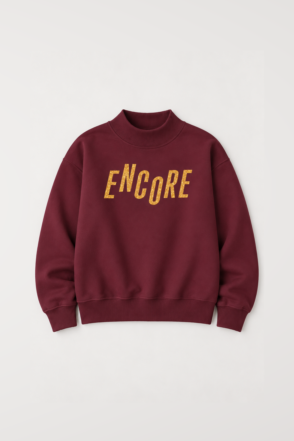 Model wearing the Encore Mock Neck Sweatshirt in Maroon