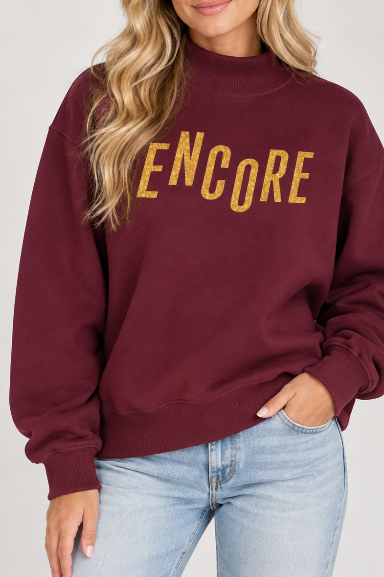 Model wearing the Encore Mock Neck Sweatshirt in Maroon