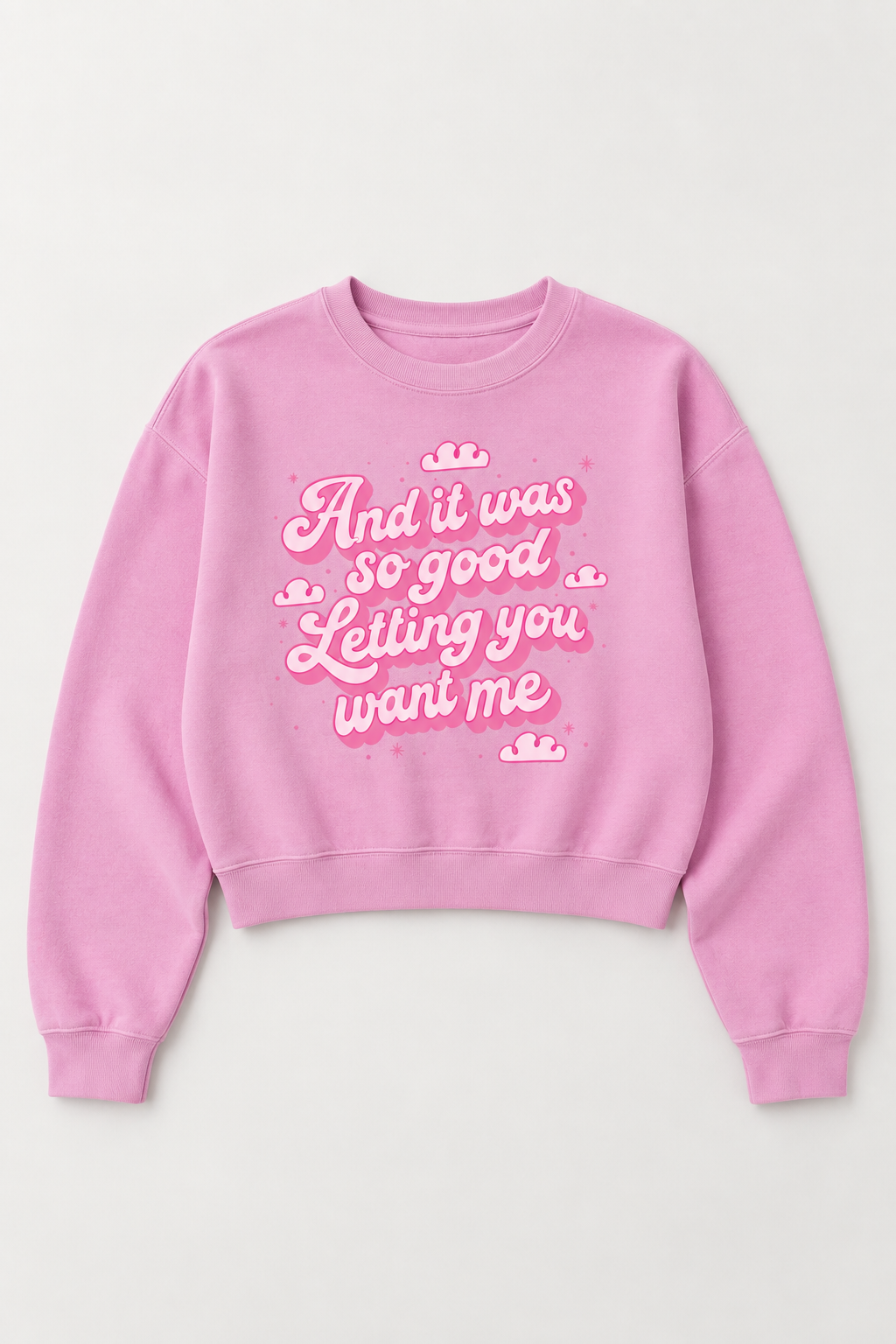 Model wearing the Letting You Want Me Cropped Sweatshirt in Pink