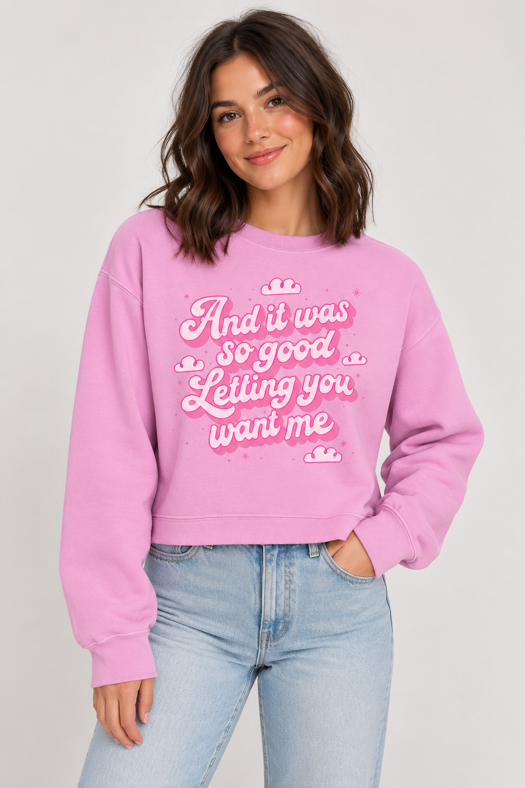 Model wearing the Letting You Want Me Cropped Sweatshirt in Pink