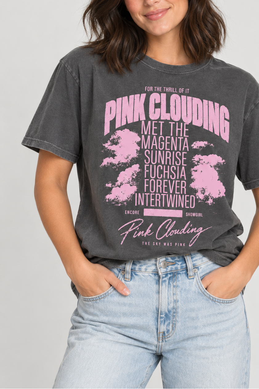 Model wearing the Pink Clouding Tee in Pepper