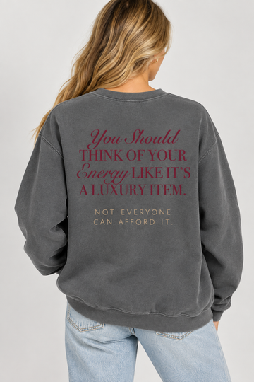 Model wearing the Protect Your Energy Sweatshirt in Pepper and Maroon - back