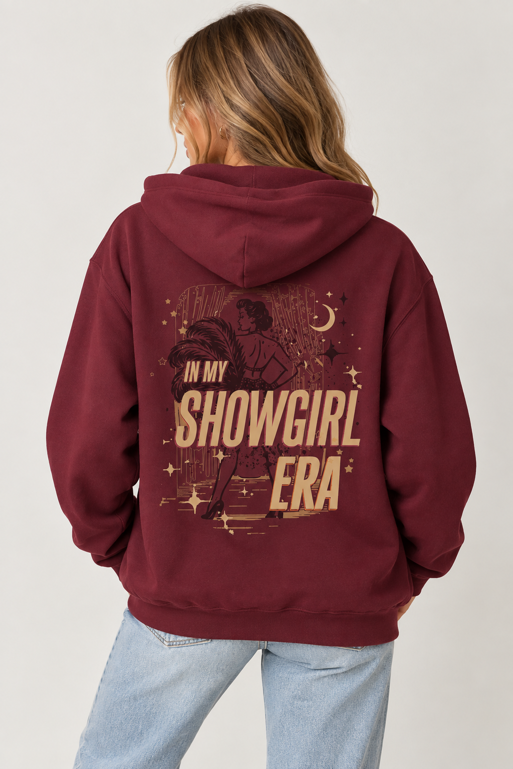 Model wearing the Showgirl Era Hoodie in Maroon - back