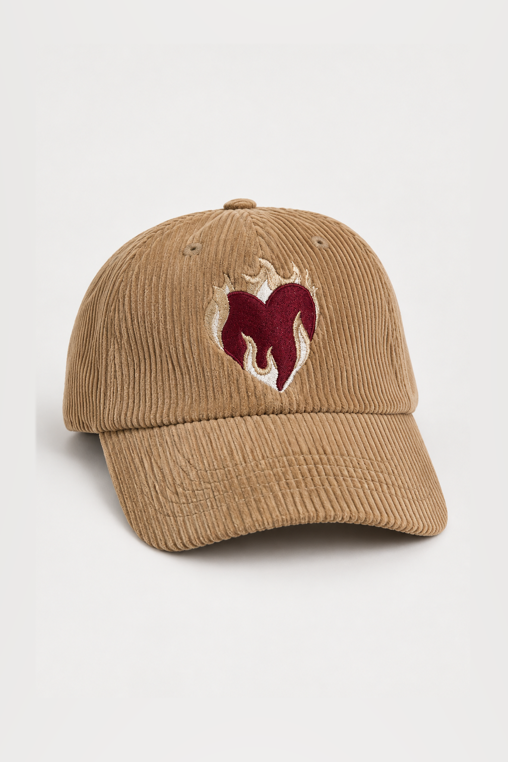 Showgirl Heart Corduroy Hat in khaki with embroidered maroon flaming heart