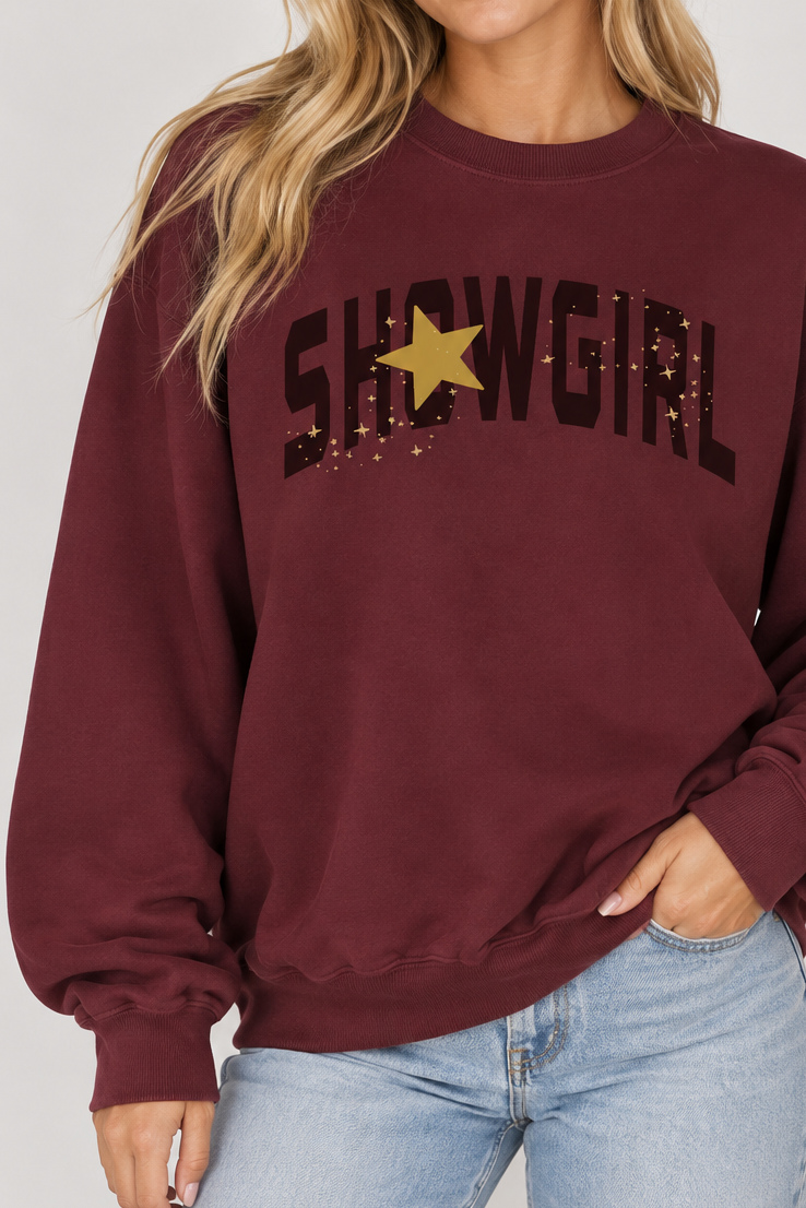 Model wearing the Showgirl Star Sweatshirt in Maroon