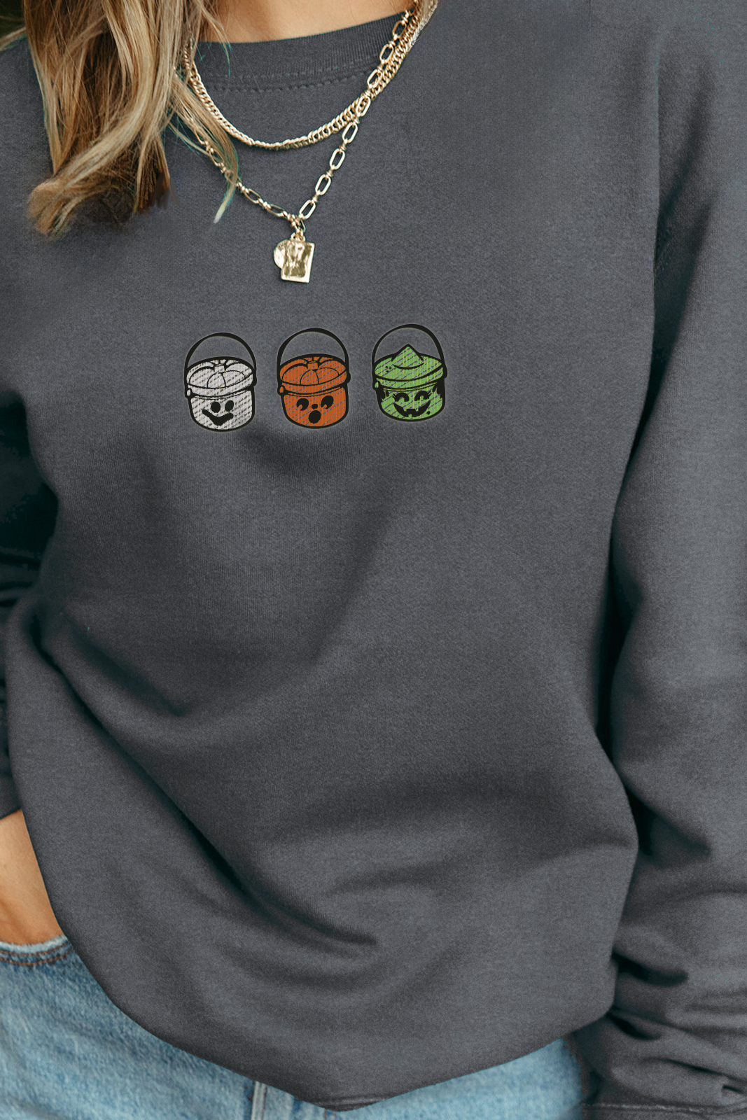 Vintage Halloween Boo Bucket Embroidered Sweatshirt