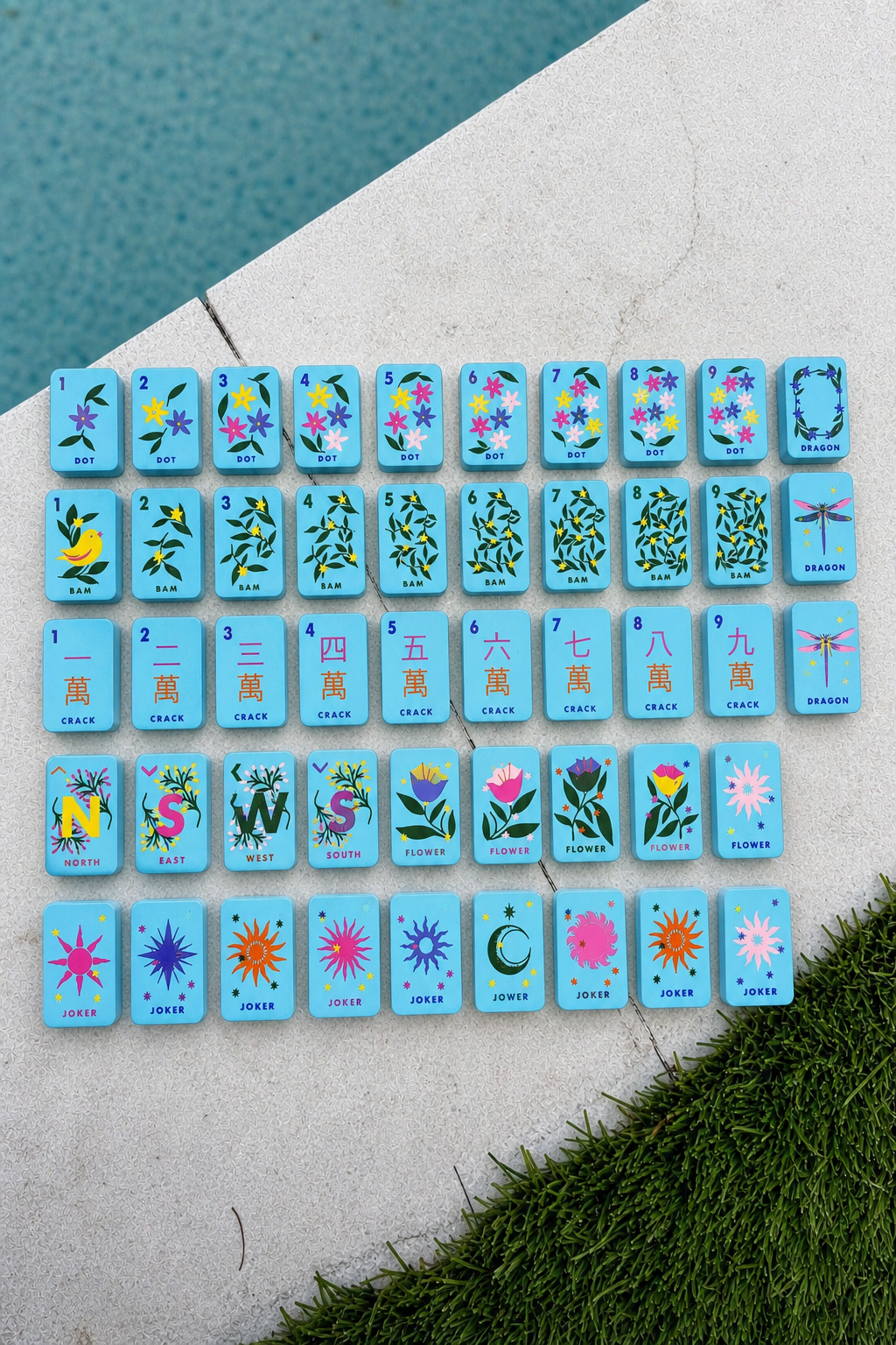 Floating Mahjong Tiles in bright blue for the Pool