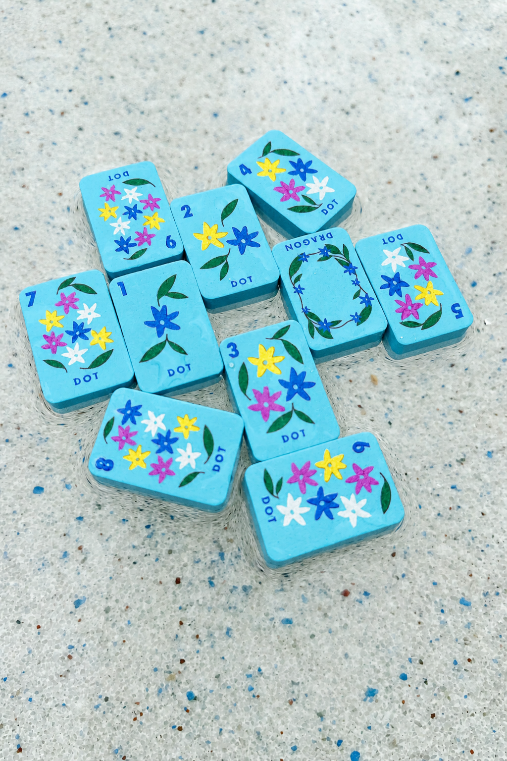 Floating Mahjong Tiles in bright blue for the Pool