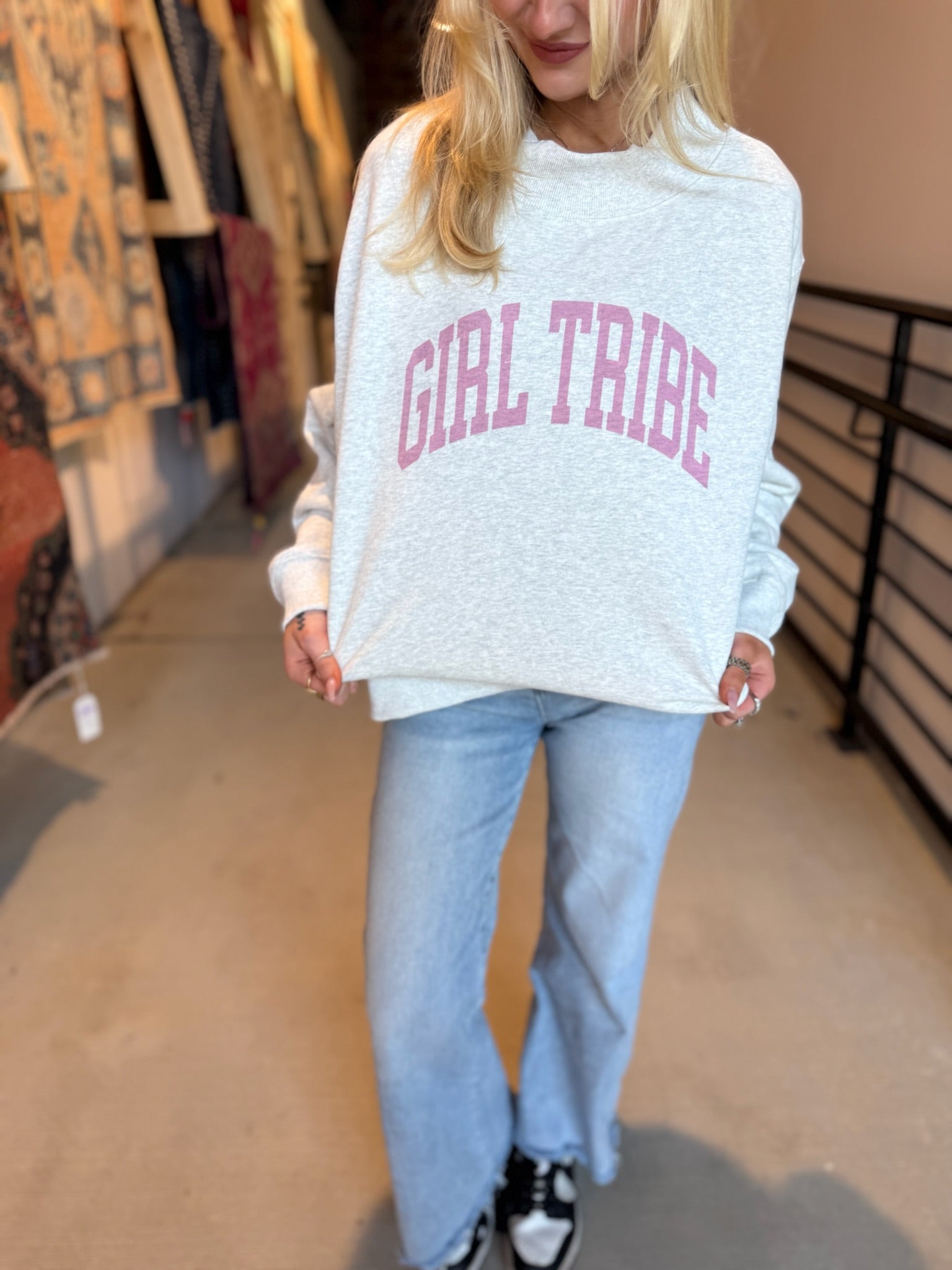 Pink Print Girl Tribe Mock Neck Sweatshirt