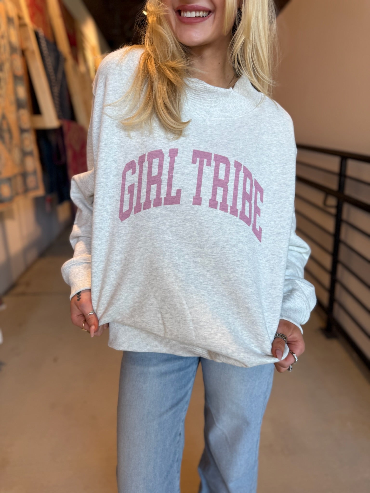 Pink Print Girl Tribe Mock Neck Sweatshirt