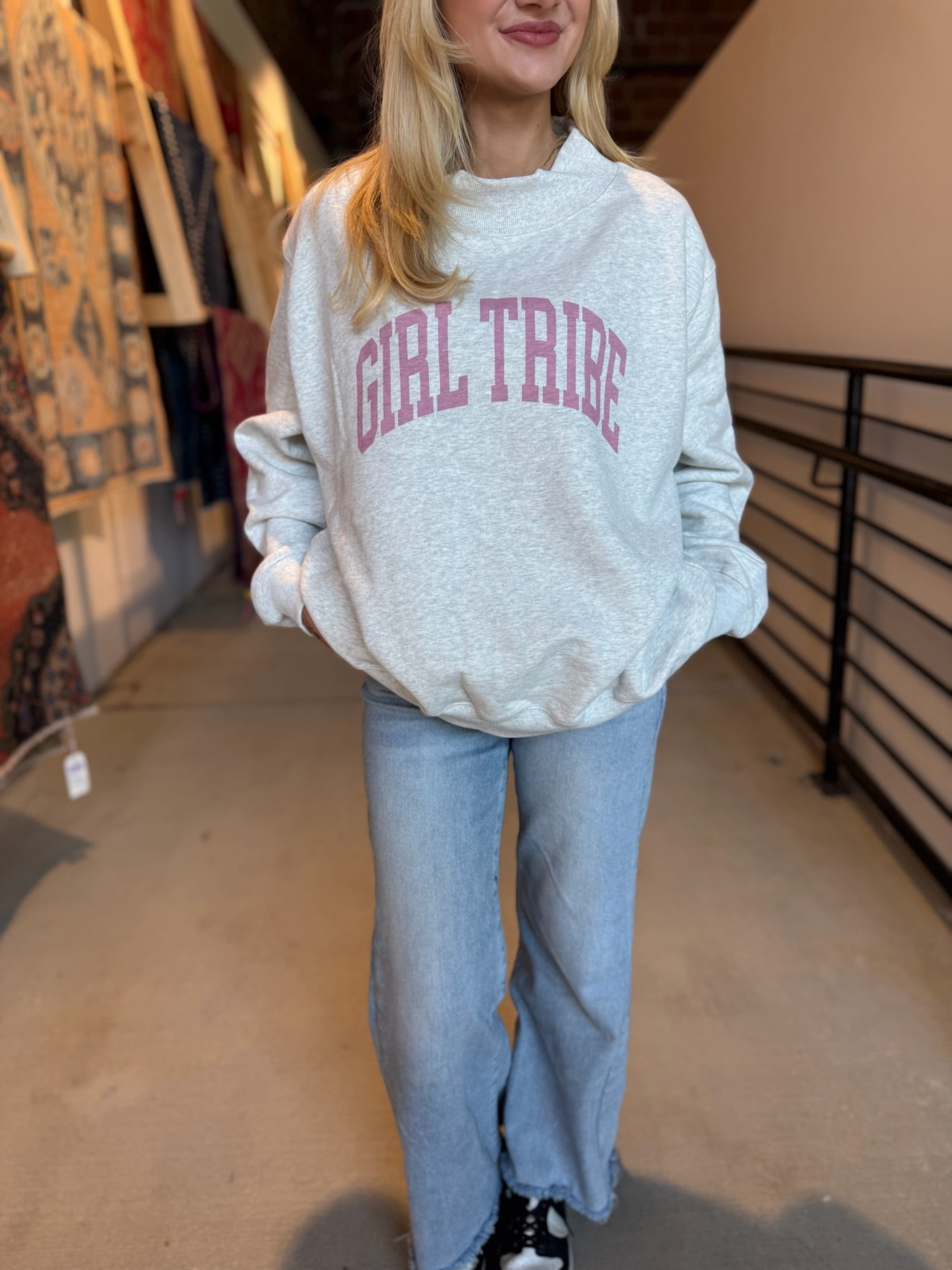 Pink Print Girl Tribe Mock Neck Sweatshirt