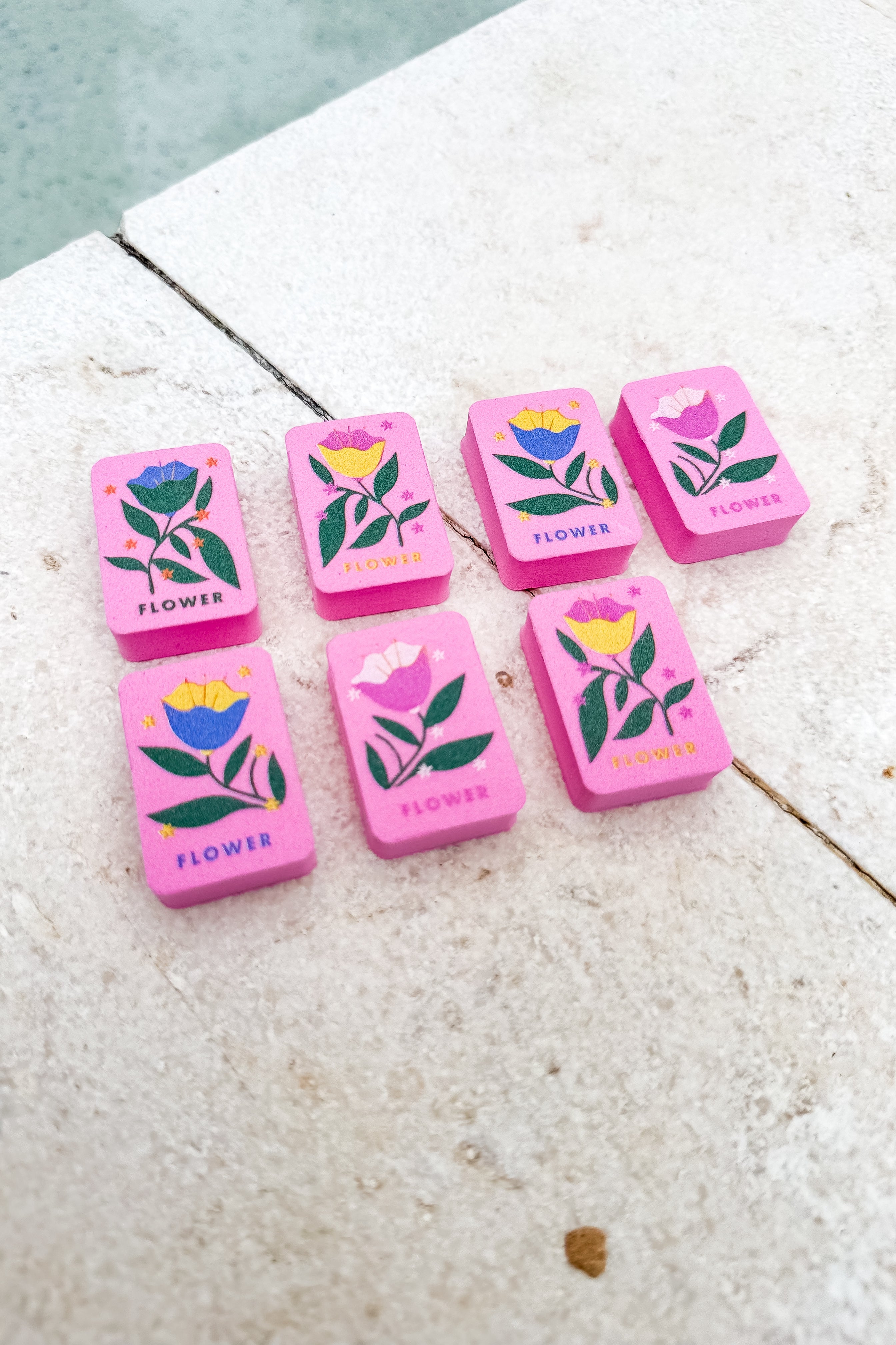Floating Mahjong Tiles in Floral Pink for the Pool