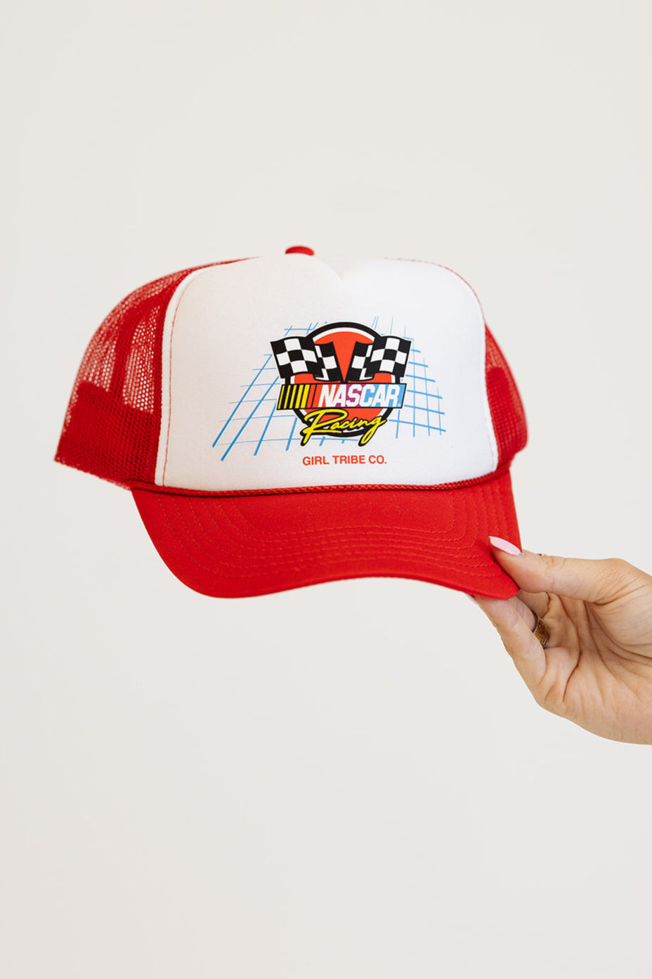NASCAR Racing Red and White Trucker Hat- Girl Tribe Co. NASCAR X Girl Tribe 