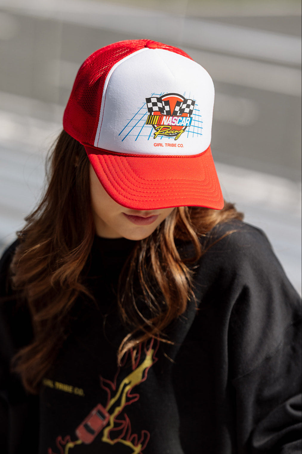 NASCAR Racing Red and White Trucker Hat- Girl Tribe Co. NASCAR X Girl Tribe 