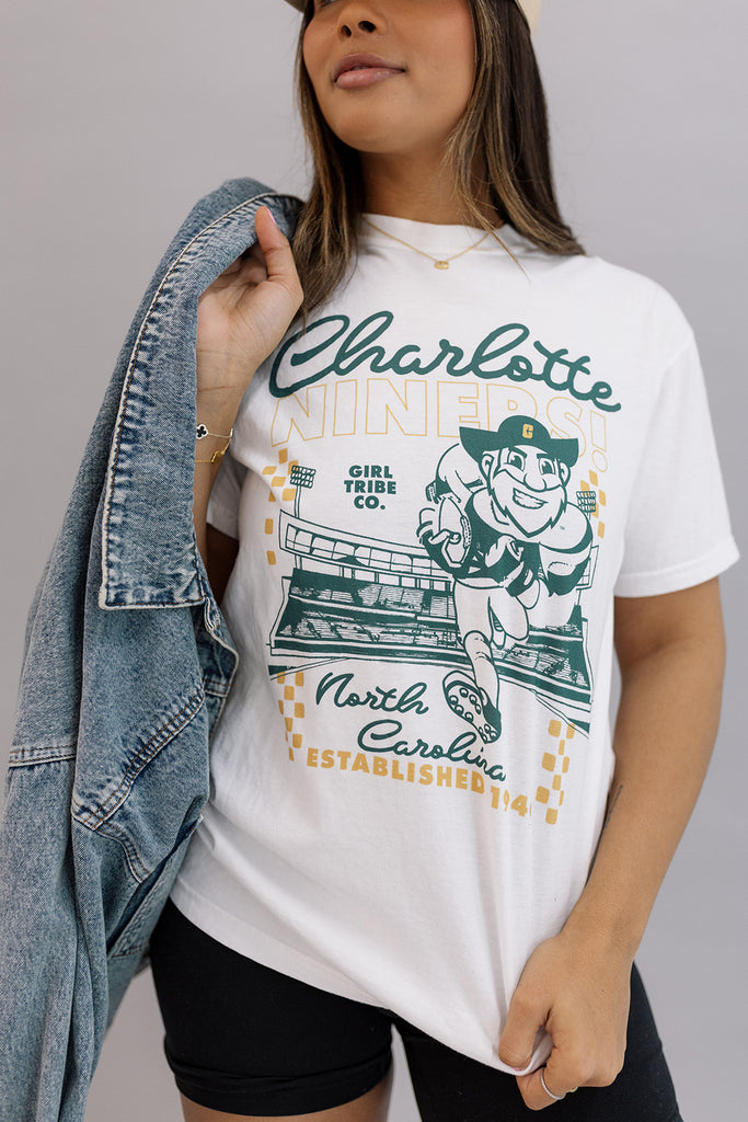  Niners Checkered Tee In White- Girl Tribe Co. UNCC X Girl Tribe Collection 