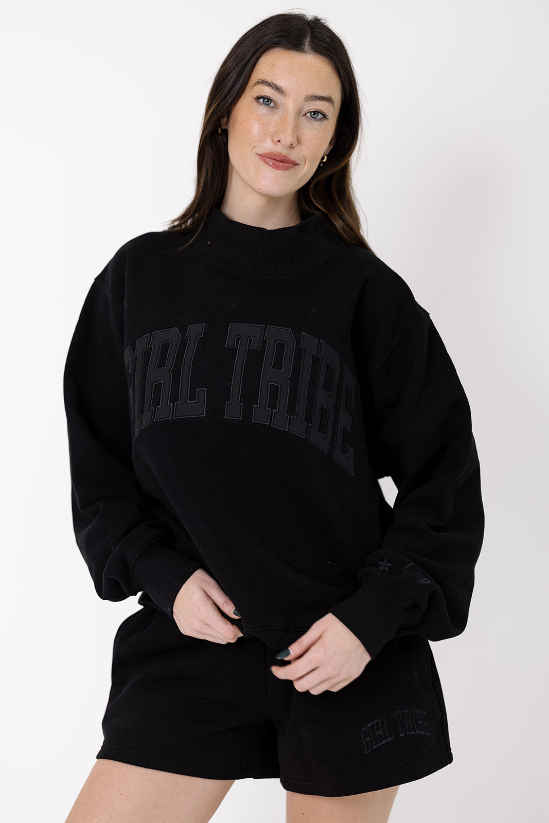 Girl Tribe Embroidered Mock Neck in Black