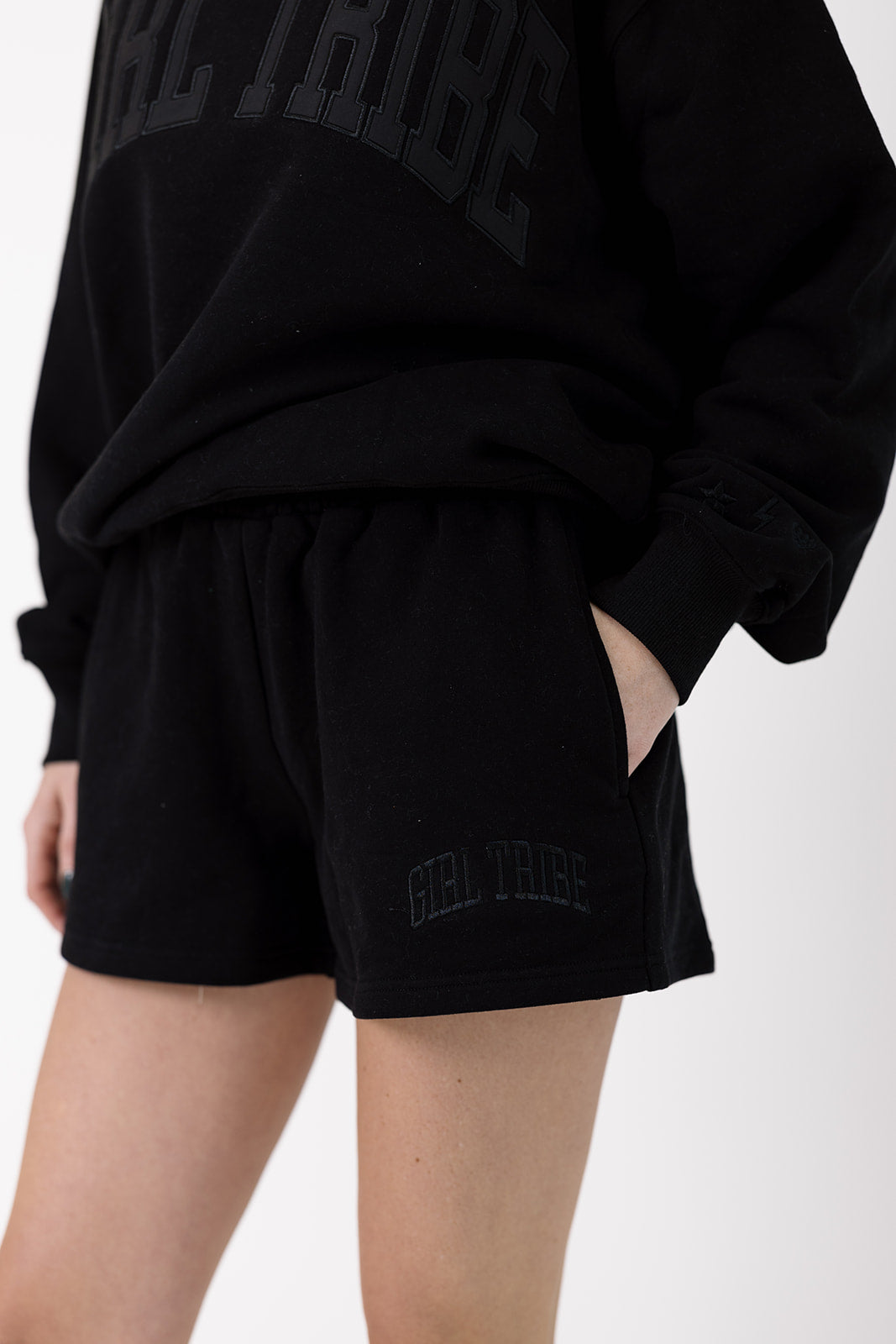 Girl Tribe Embroidered Sweatshorts in Black