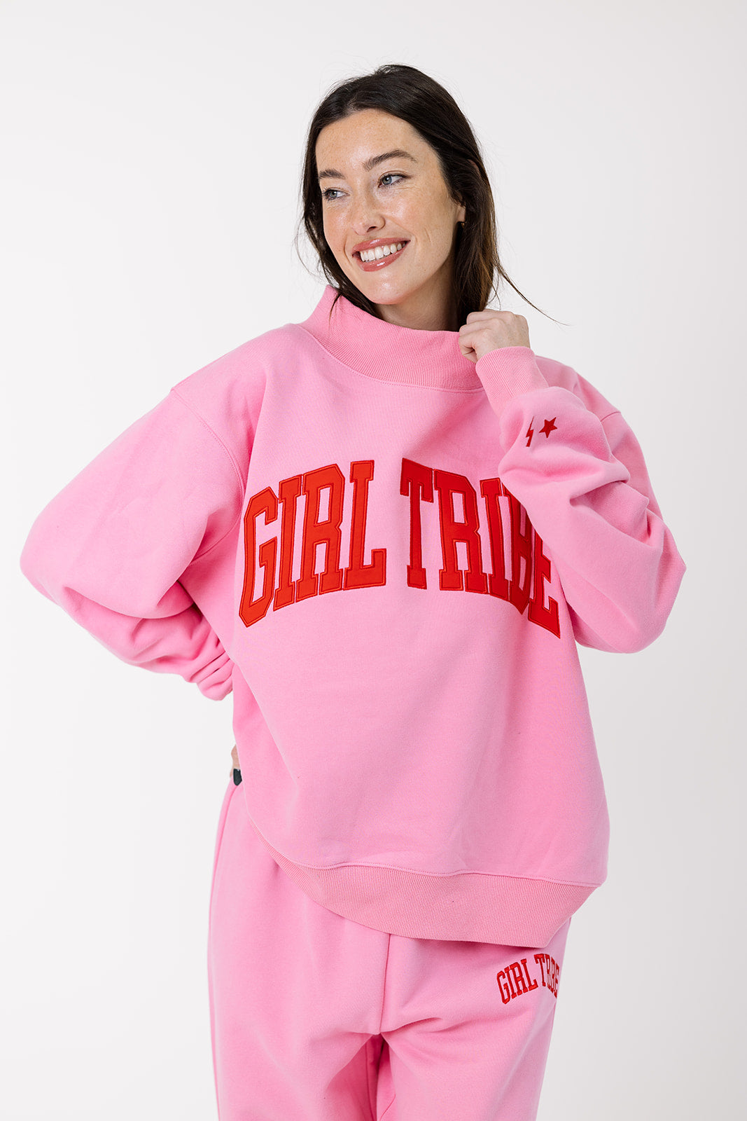 Girl Tribe Embroidered Mock Neck in Pink