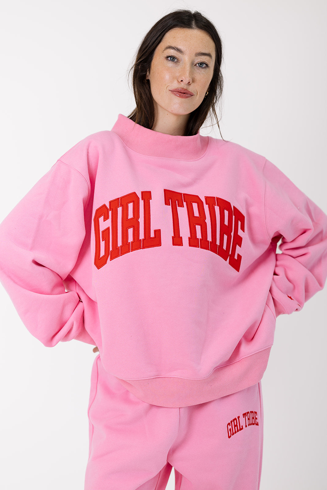 Girl Tribe Embroidered Mock Neck in Pink