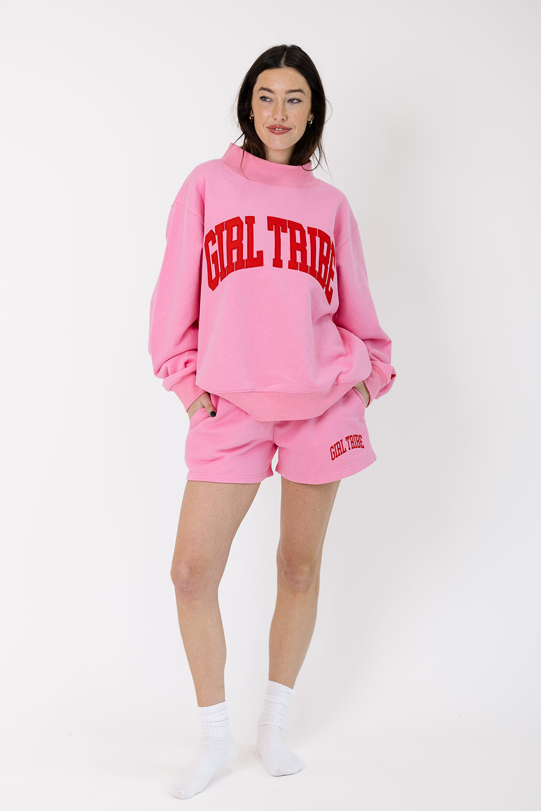 Girl Tribe Embroidered Mock Neck in Pink