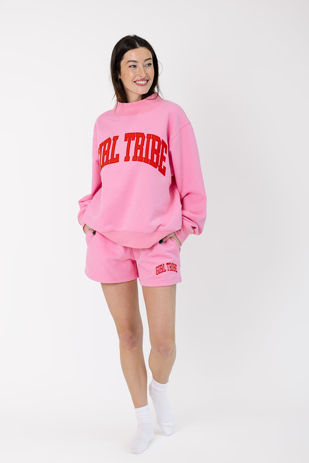 Girl Tribe Embroidered Mock Neck in Pink