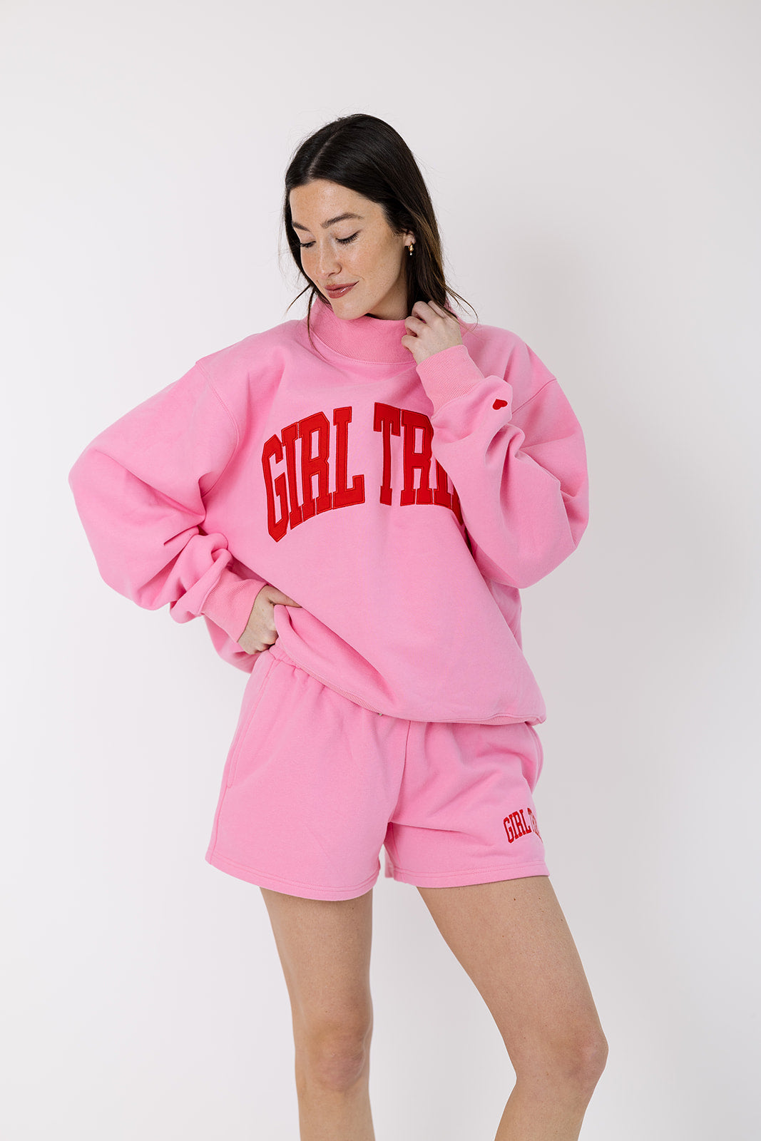 Girl Tribe Embroidered Mock Neck in Pink