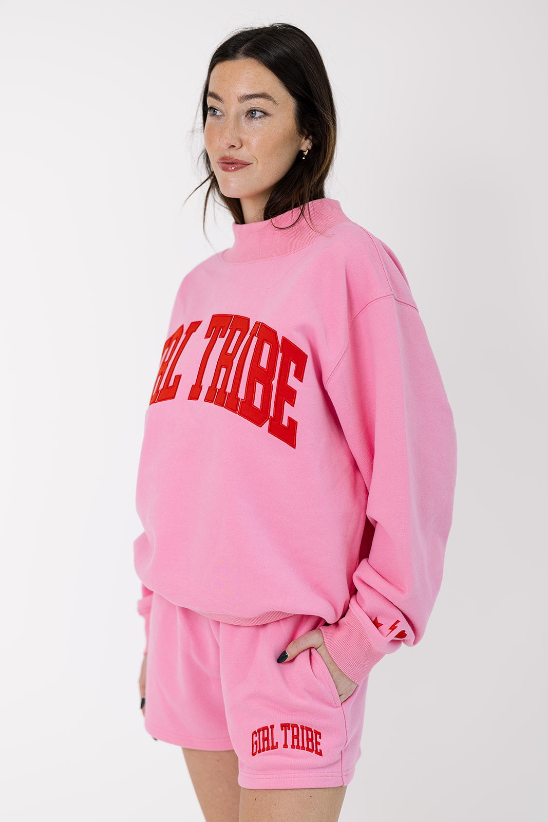 Girl Tribe Embroidered Mock Neck in Pink