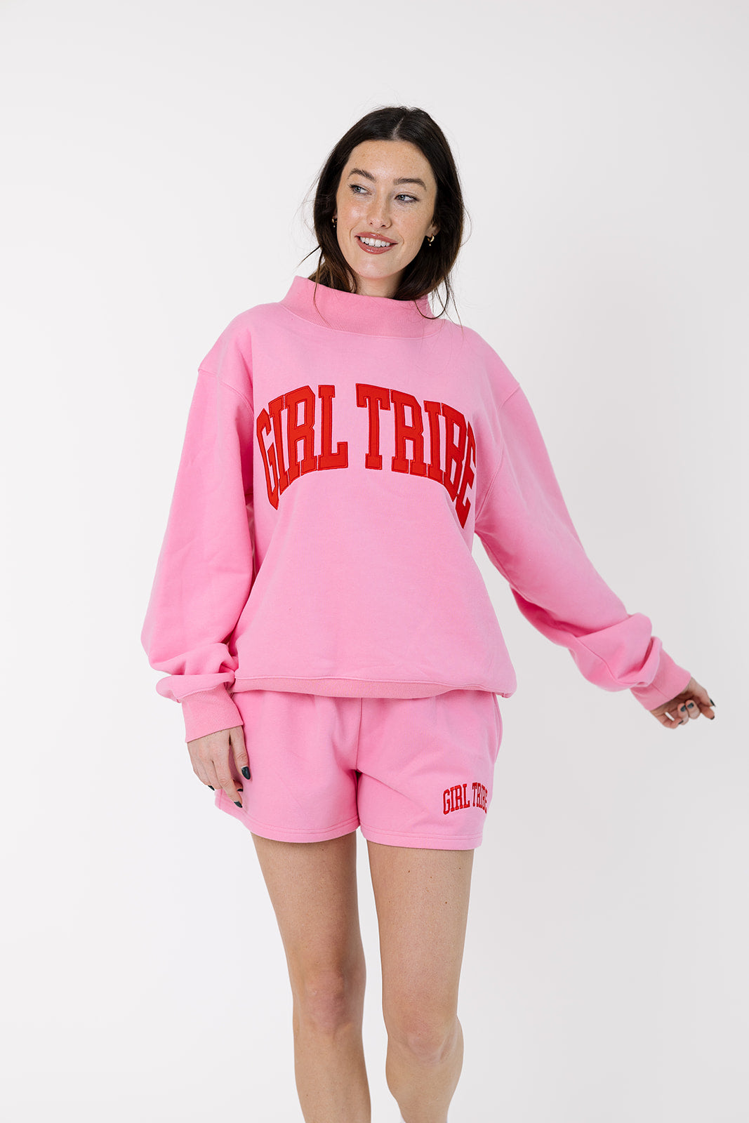 Girl Tribe Embroidered Mock Neck in Pink