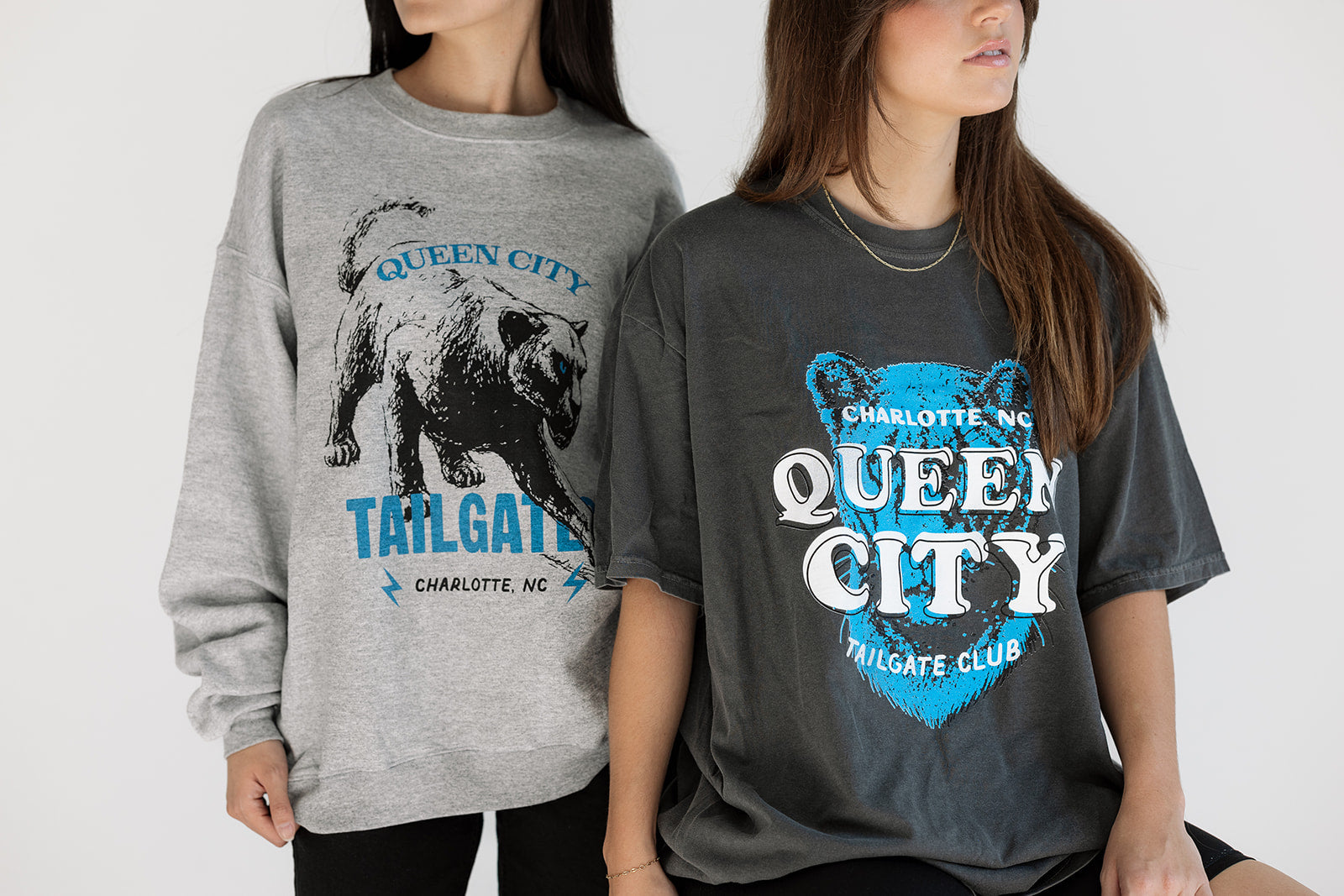 Heather gray Queen City tailgate sweatshirt with bold panther graphic, cozy fabric perfect for game day or fall layering