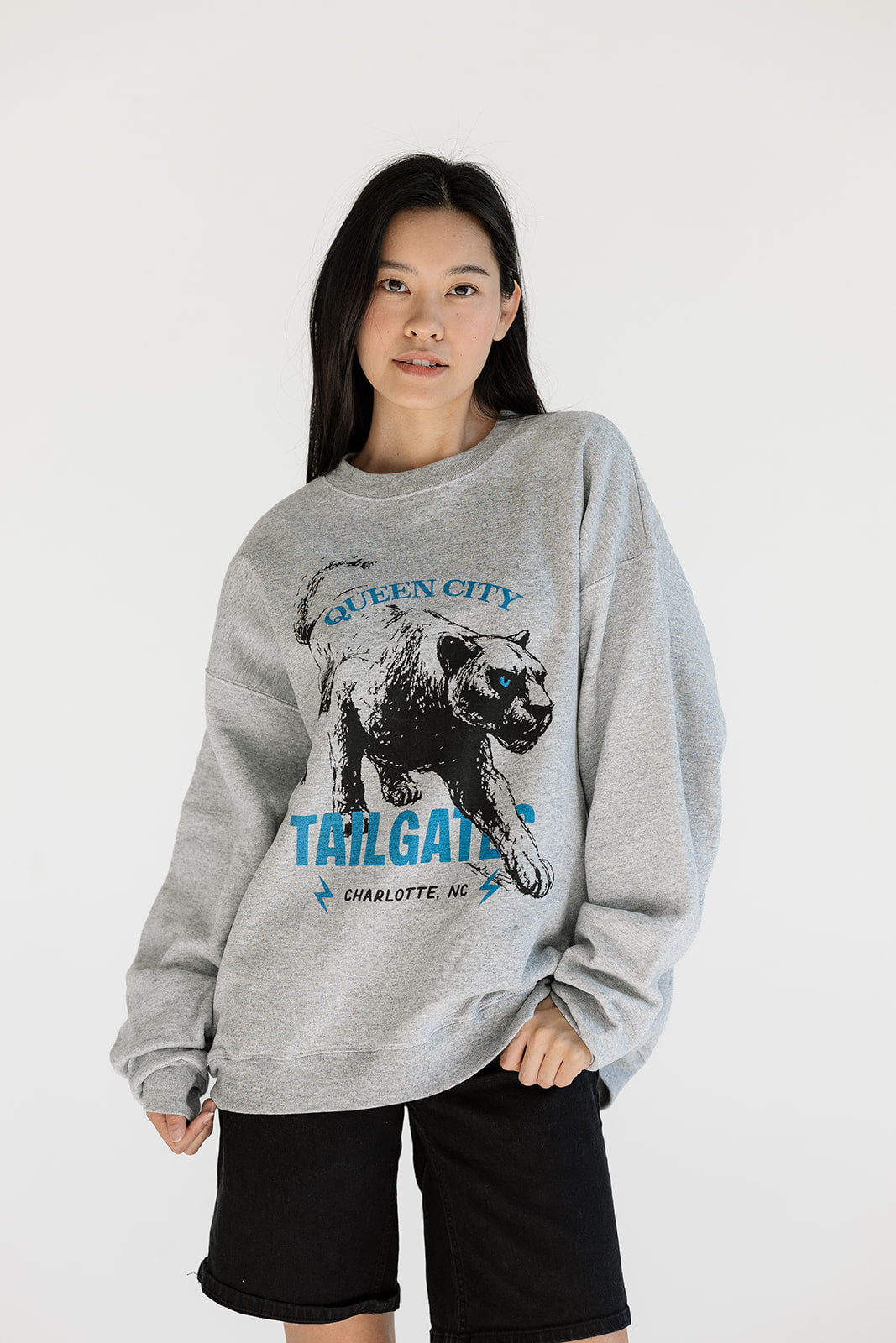 Heather gray Queen City tailgate sweatshirt with bold panther graphic, cozy fabric perfect for game day or fall layering