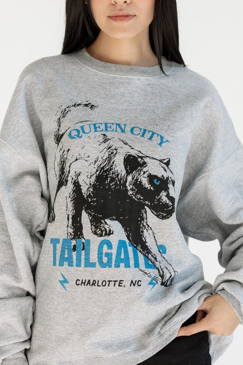 Heather gray Queen City tailgate sweatshirt with bold panther graphic, cozy fabric perfect for game day or fall layering