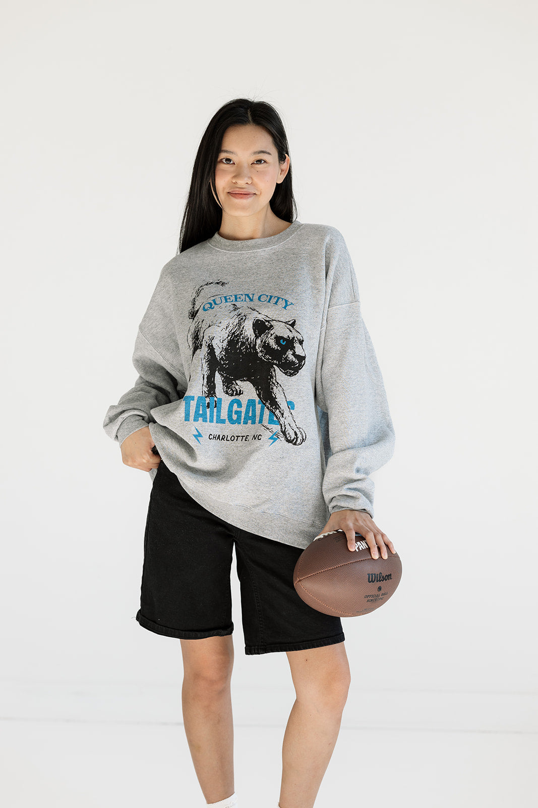 Heather gray Queen City tailgate sweatshirt with bold panther graphic, cozy fabric perfect for game day or fall layering