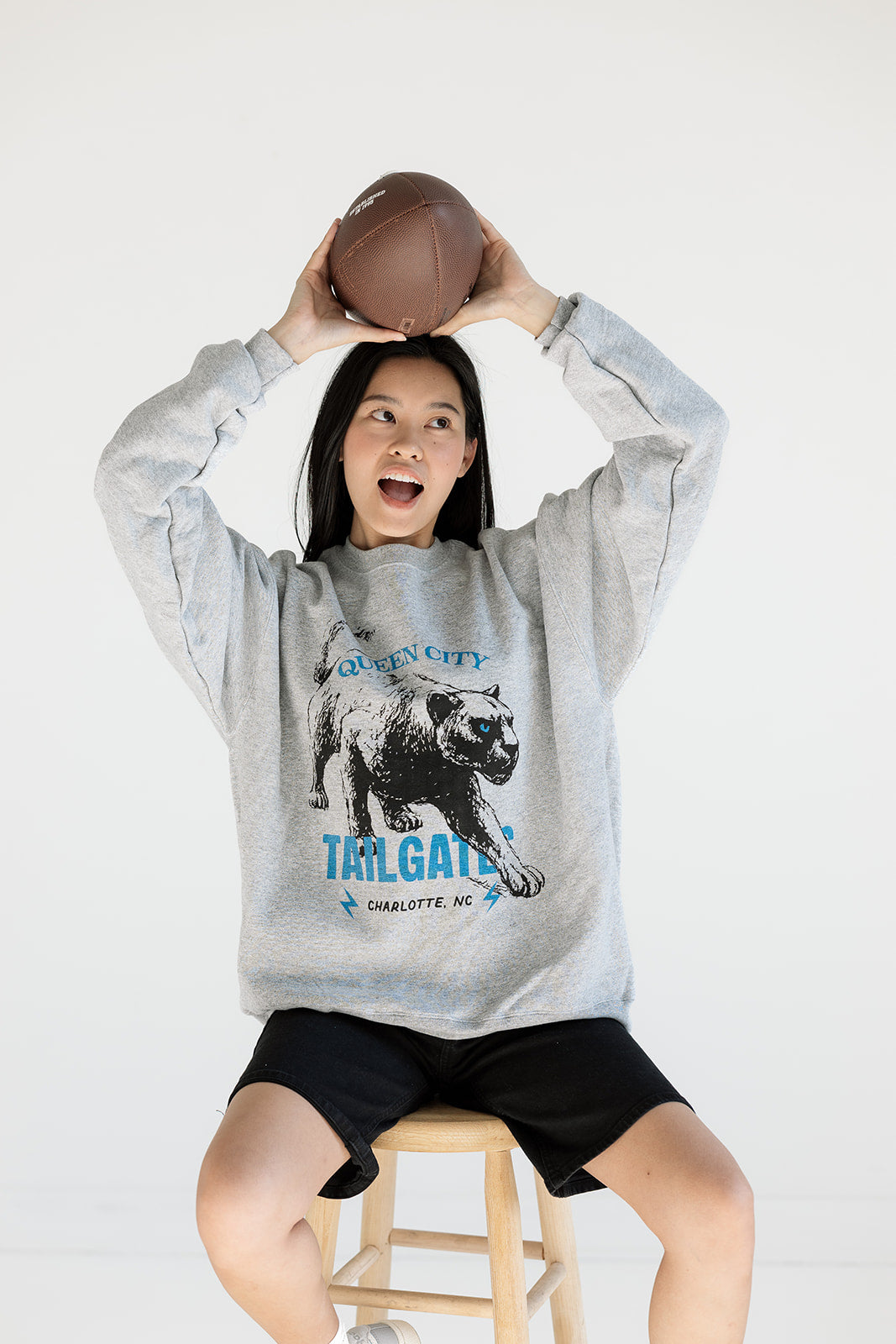 Heather gray Queen City tailgate sweatshirt with bold panther graphic, cozy fabric perfect for game day or fall layering