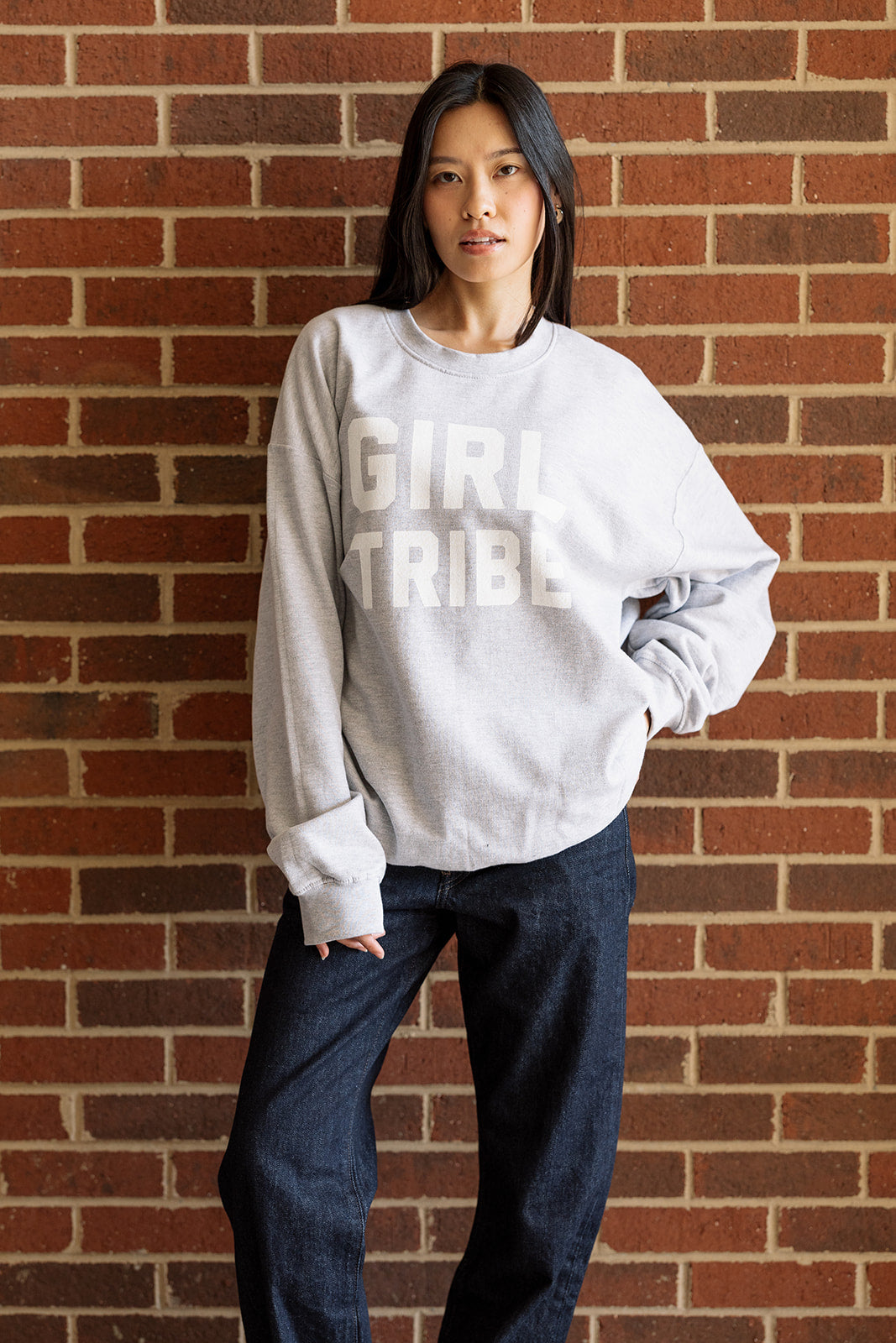 Girl Tribe™ College Crewneck Sweatshirt in Gray
