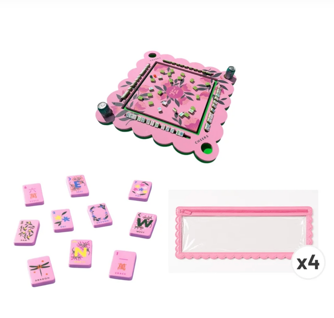 Pool Mahjong Pink Bundle with Floating Mat, Card Holders & Tiles