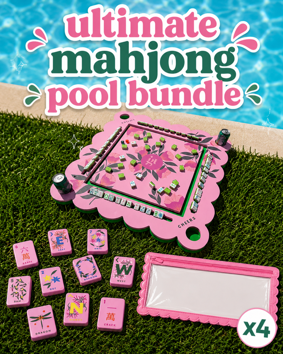Pool Mahjong Pink Bundle with Floating Mat, Card Holders & Tiles