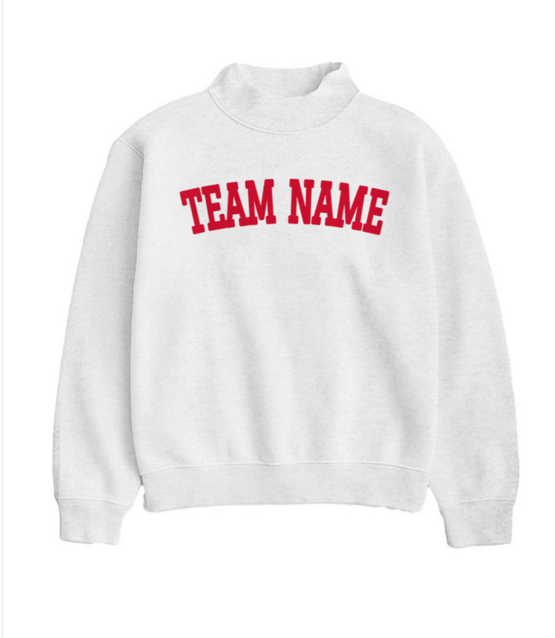 Custom text mock neck in Ash with CUSTOM in navy varsity arch lettering