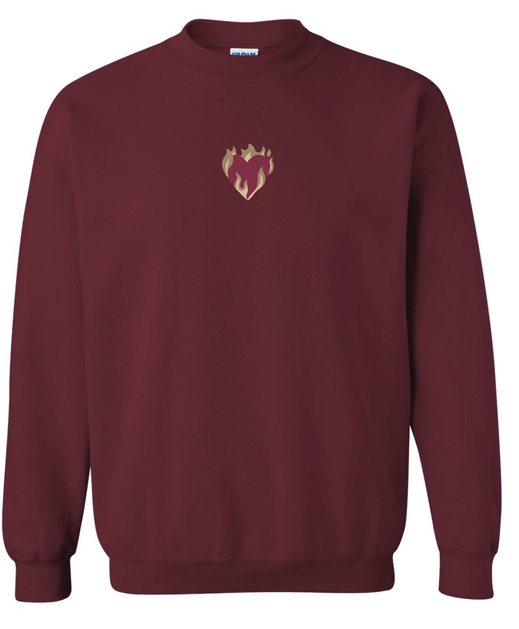 Showgirl Maroon Crewneck with heart and flame design