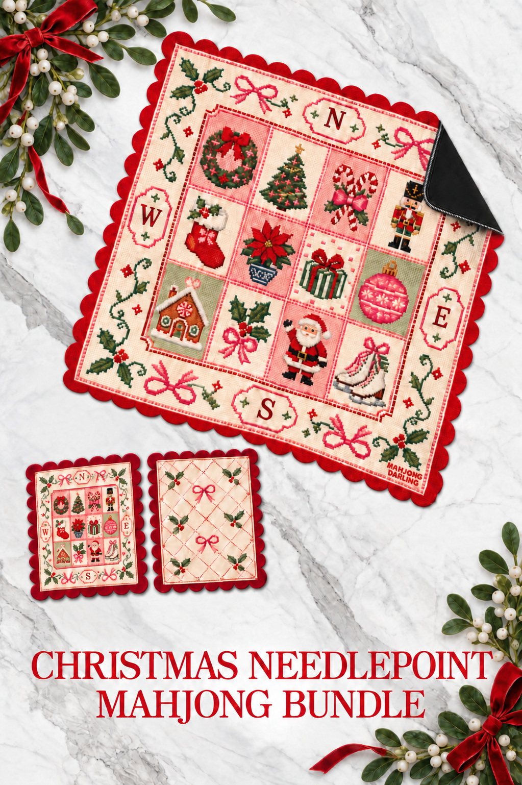 Christmas Needlepoint Mahjong Mat and Shuffler Bundle