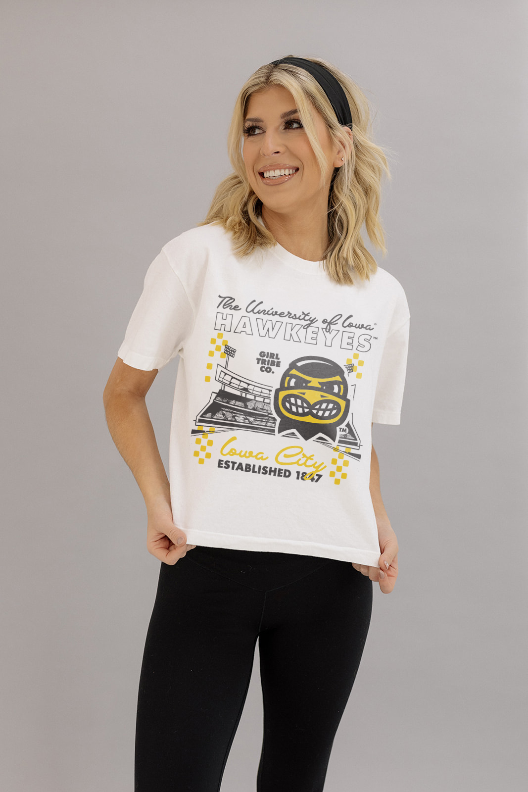 University Of Iowa: Hawkeyes Checkered Concert Crop Tee- Girl Tribe Co. Iowa X Girl Tribe 