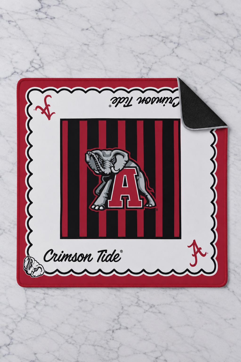Alabama Crimson Tide Girl Tribe mahjong mat, 33" x 33", crimson and black stripes with Big Al elephant logo