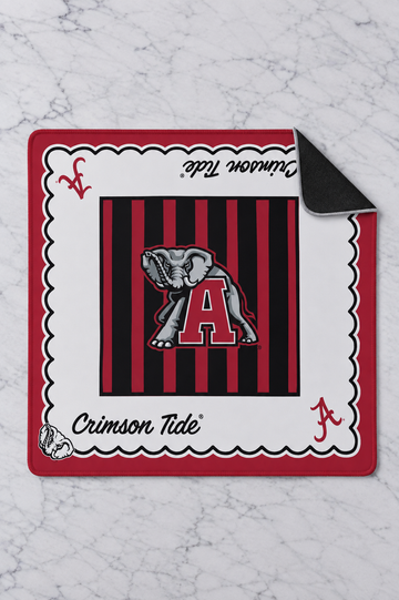 Alabama Crimson Tide Girl Tribe mahjong mat, 33" x 33", crimson and black stripes with Big Al elephant logo