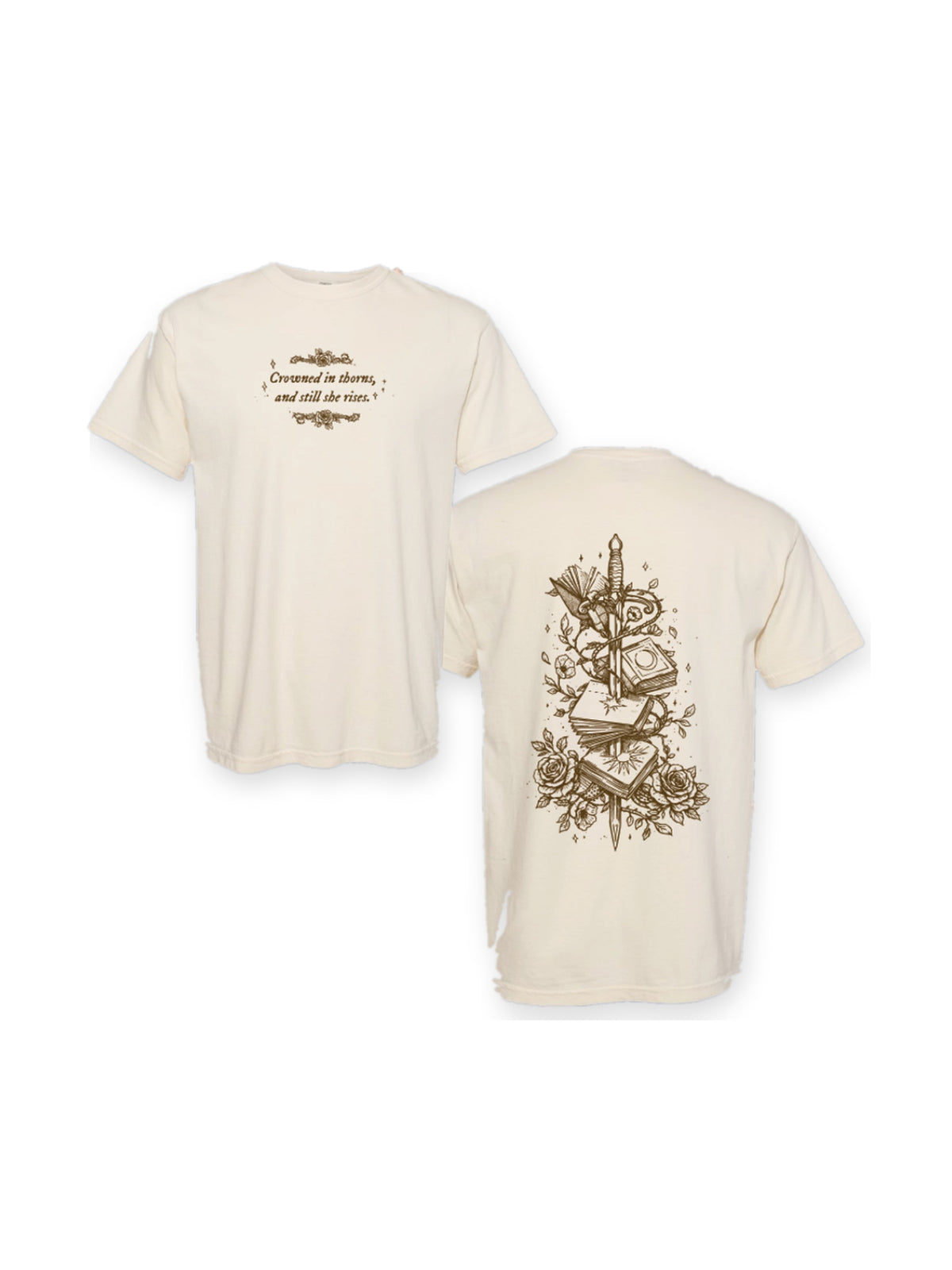 And Still She Rises Tee flat lay on white, fae-court romantasy book merch by Girl Tribe Co.