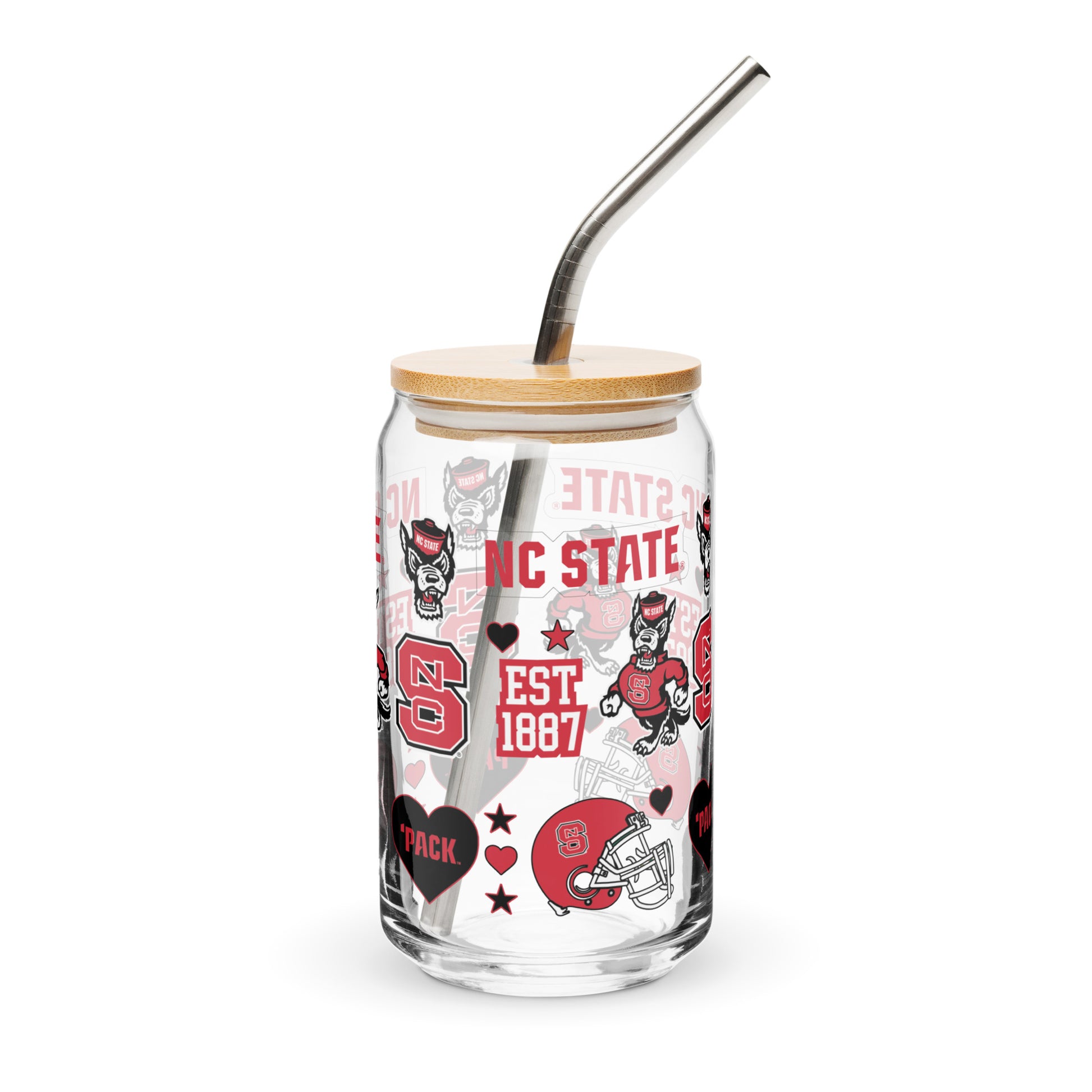 NC State Icons Glass Cup with lid and straw