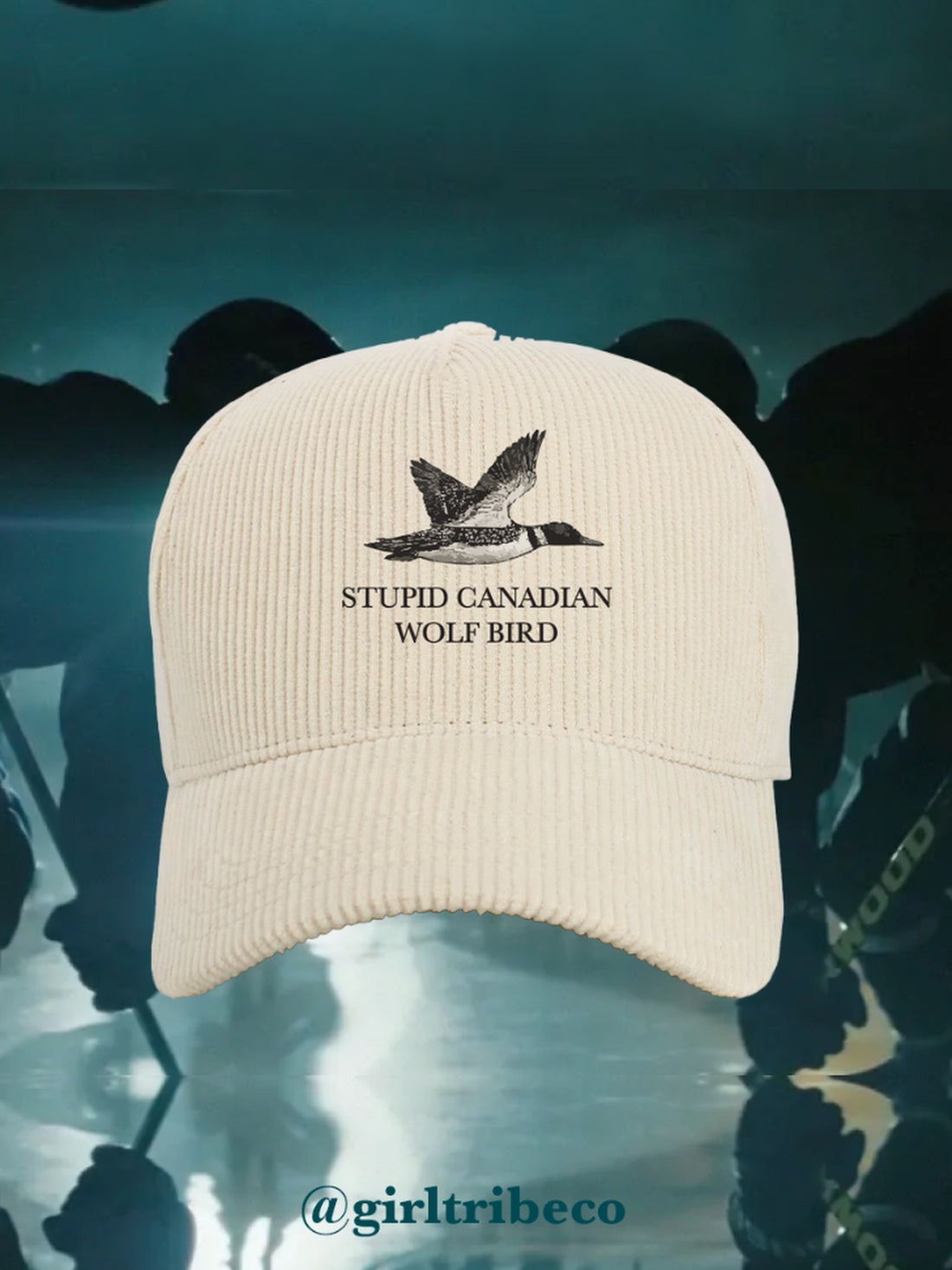 Model wearing the Canadian Wolf Bird Hat, rivals-to-lovers hockey romance merch by Girl Tribe Co.